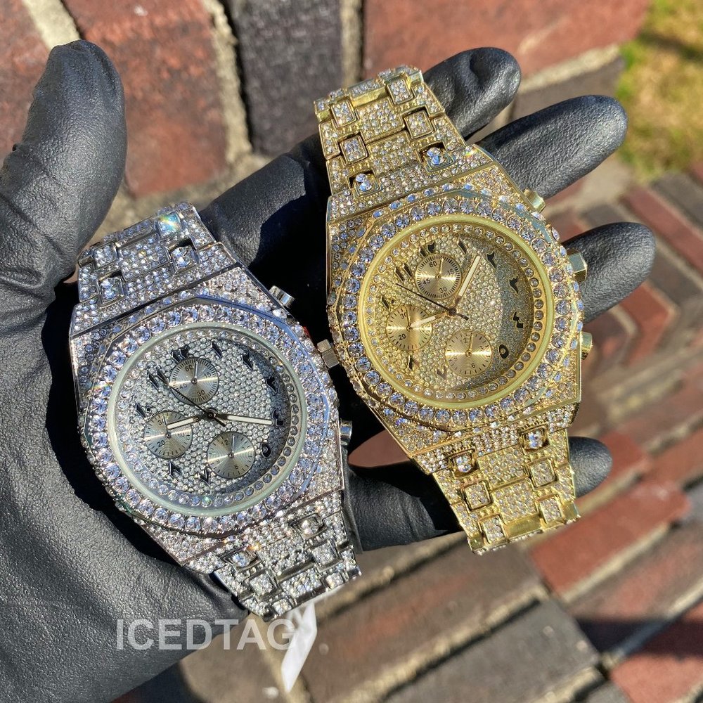 Iced Bling Out Mens Luxury White Gold Plated Arabic Dial Hip Hop Celebrity Watch